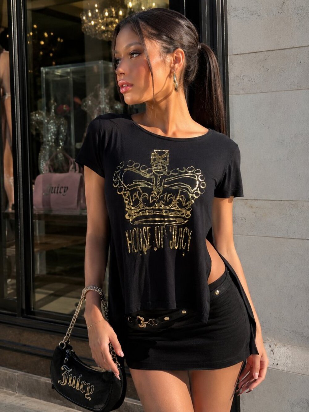 Juicy Couture High Low Top House of Juicy Crown Black Gold Metallic y2k 2000s